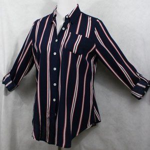 Westport Ultra-Soft Navy w/ Stripes Rayon Blouse SZ M Petite EUC